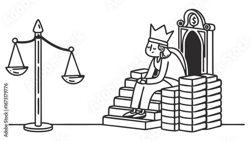 Wealthy ruler on money throne with scales of justice, depicting financial influence and inequality in law