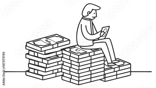Financial Success: Person Sitting on Stacks of Cash, Managing Wealth