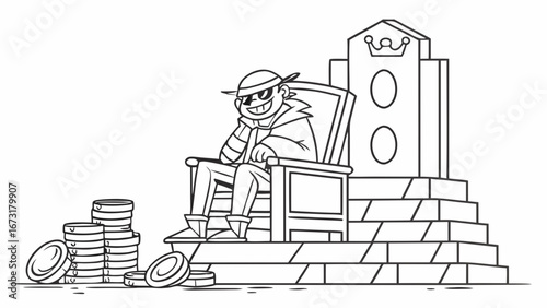 Wealthy Cartoon Character on Throne with Coins - Power and Riches Concept Illustration