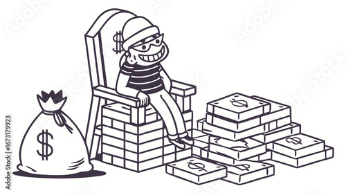 Cartoon Thief Character Sitting on Stacked Cash with Money Bag, Black and White Doodle Illustration