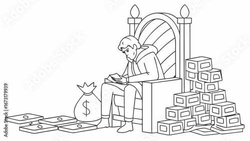 Person on Throne Counting Money with Riches - Financial Wealth and Power Concept Line Art