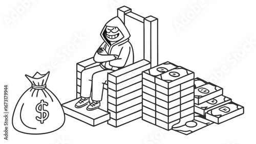 Hooded Figure on Money Throne: Power, Wealth & Financial Dominance Illustration