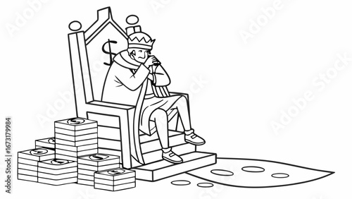 Cartoon King on Throne with Money Stacks & Coins - Wealth, Power & Financial Dominance Illustration