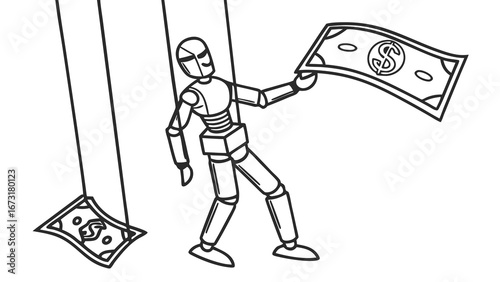 Puppet holding dollar bill, symbolizing financial control and manipulation. Economic power concept.