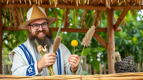 happy Sukot. Jewish man holding four traditional species of Sukkot holiday. happy sukkot in Hebrew.