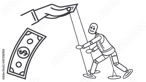 Puppet controlled by dollar bill string, representing financial motivation, manipulation, and economic control concept.