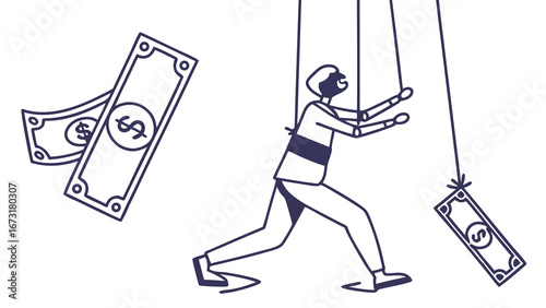 Financial Control Puppet: Person manipulated by money strings, symbolizing debt, economic dependency, and power dynamics illustration