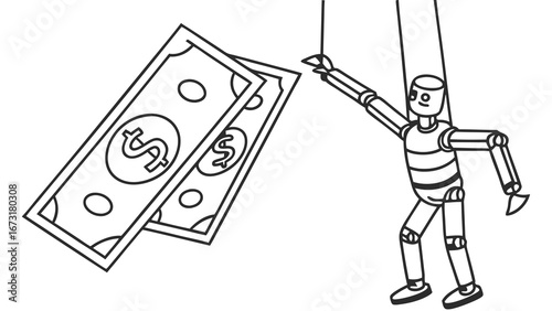 Financial Control Puppet: Marionette Holding Dollar Bills, Illustrating Economic Manipulation & Influence. Line Art.