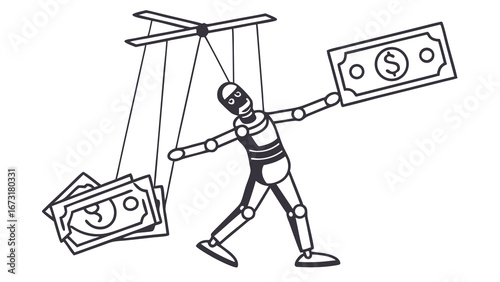 Money Puppet: Financial Control, Manipulation & Debt. Economic Influence Concept. Black & White Line Art Illustration.