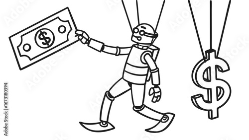 Financial control puppet holding dollar bill; economic manipulation concept illustration