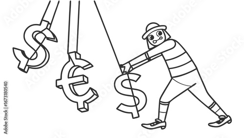 Person Manipulating Dollar Sign with Rope, Illustrating Financial Control and Economic Influence with Global Currency Symbols