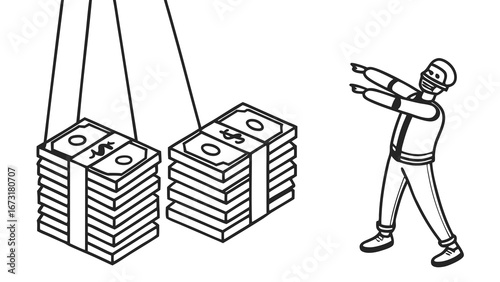 Masked figure targeting hanging money stacks. Financial ambition, wealth pursuit, or economic challenge concept.