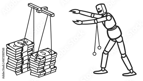Economic Control: Money Stacks as Puppet Master Manipulating Mannequin. Financial Influence & Power Concept.