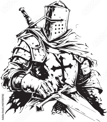 Medieval Knight with Sword: A valiant knight in shining armor stands resolute, brandishing a sword in a portrayal of chivalry, courage, and medieval might.