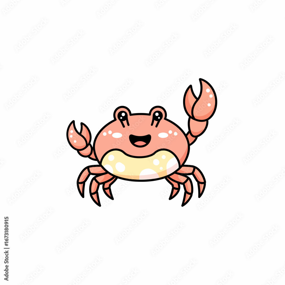 Fototapeta premium Adorable Cartoon Crab with Pink Shell Waving Claws.