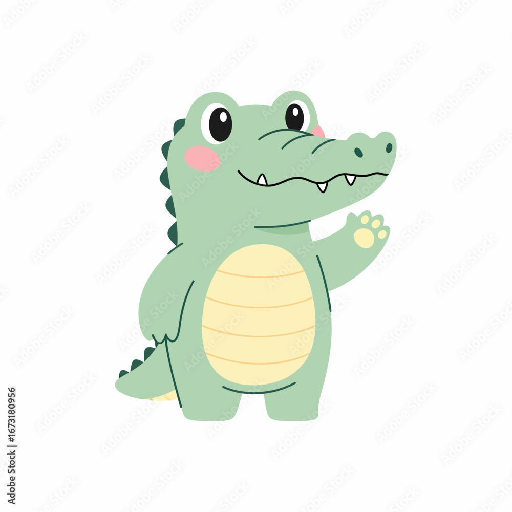 Fototapeta premium Cartoon Alligator Waving with Light Green Scales and Cream Colored Belly.