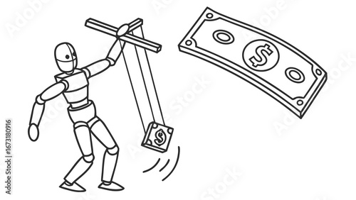 Mannequin manipulating money puppet, symbolizing financial control, economic influence, and the pursuit of wealth