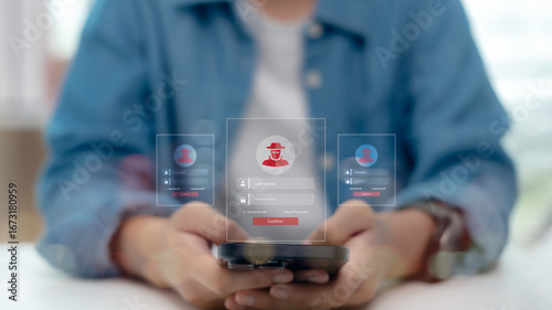 Photos Web phishing concept with man holding smartphone, fake login page and hacker icon representing cyber fraud, identity theft, online scam, and digital security risk in internet technology