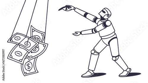 AI Robot Reaching for Falling Dollar Bills - Technology and Finance Concept