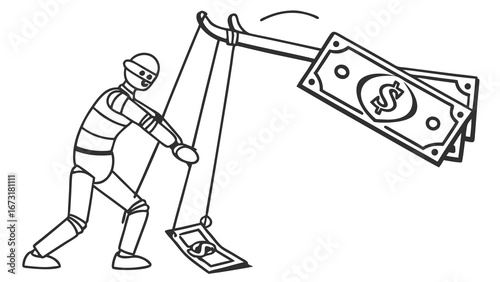Financial Manipulation: Blindfolded Figure Controls Money Puppet with Dollar Lure