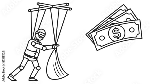 Financial control and manipulation concept with puppet pulling a bag and dollar bills. Line art illustration.