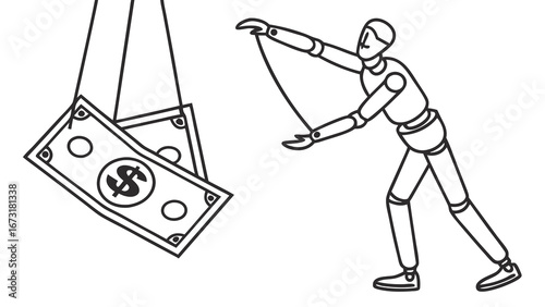 Mannequin manipulating dollar bills on strings, symbolizing financial control, debt, and economic influence