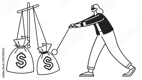 Person weighing dollar money bags on a balance scale. Financial decision making, investment, wealth management, and economic strategy concept.