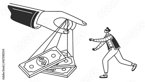 Financial manipulation concept: Blindfolded person reaches for money dangled by a controlling hand, symbolizing temptation and control.