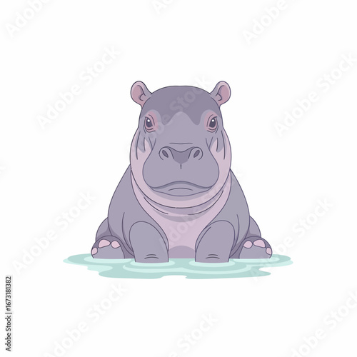 Adorable cartoon baby hippopotamus purple-grey calf sitting in water featuring small ears and wide snout.