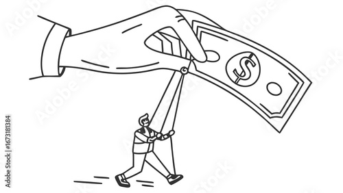Financial Control & Manipulation: Person pulled by strings from giant hand holding money, symbolizing economic influence, debt, or bribery.