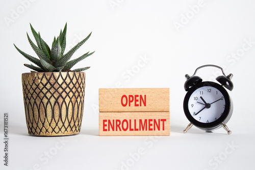 Open Enrollment symbol. Wooden blocks with words Open Enrollment. Beautiful white background with alarm clock and succulent plan. Business and Open Enrollment concept. Copy space.