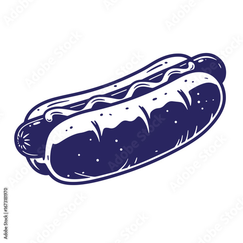 Delicious retro style illustration of a classic hot dog with mustard and bun
