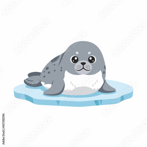 Adorable Cartoon Seal Resting on a Blue Ice Floe Smiling and Playful.