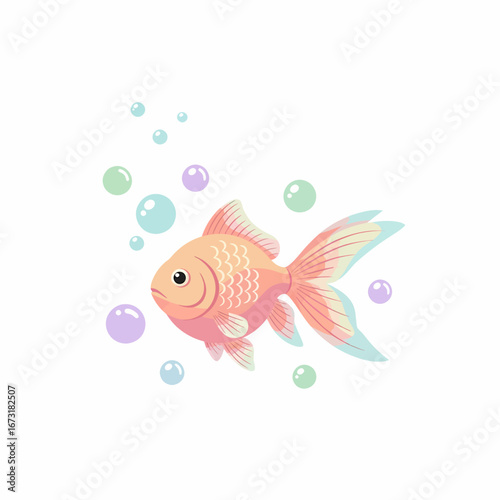 Adorable Orange Goldfish Swimming Amidst Colorful Bubbles.