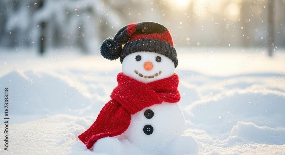 Obraz premium Snowman in a cap and a scarf on snow in the winter.