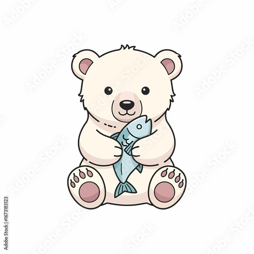 Cute cartoon polar bear sitting holding a blue fish with pink paw pads and ear details.