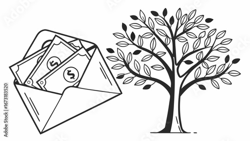 Growing wealth concept: Hand-drawn money tree and cash in envelope illustration