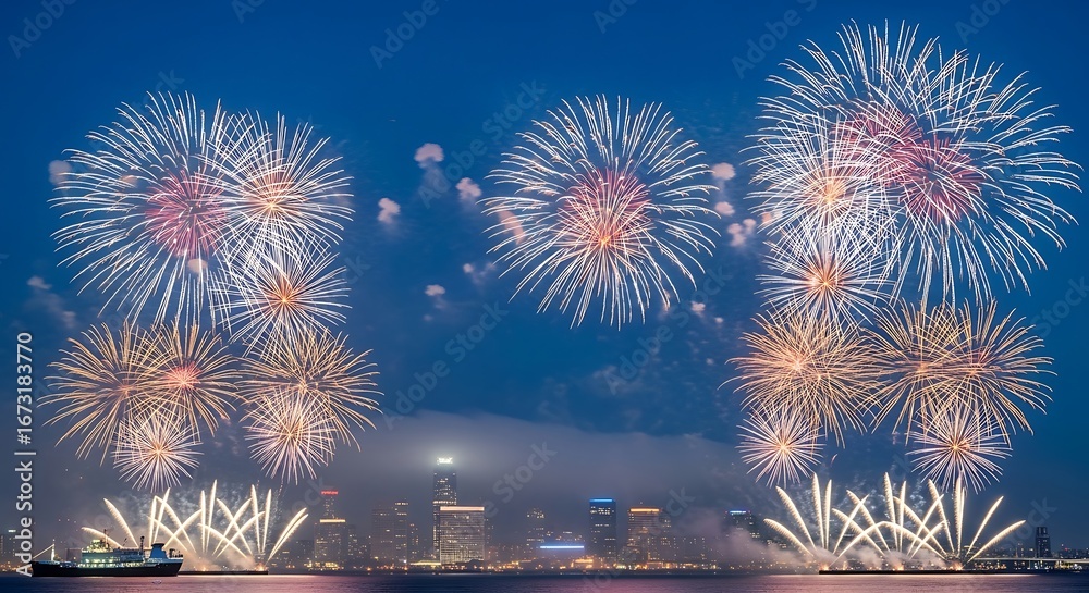 Obraz premium Spectacular fireworks display over city skyline, celebrating New Year's Eve with vibrant colors