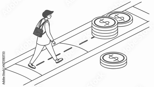 Isometric: Person on financial path with money stacks, investment journey, wealth growth, and risk concept