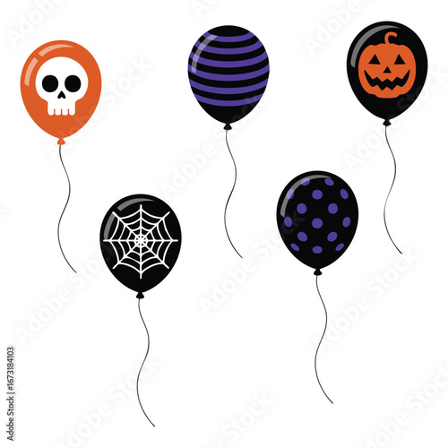 Flat vector illustration of black balloons decorated with Halloween elements isolated on white background, great for spooky holiday party decoration and festive themes