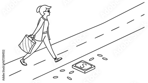 Woman walking with shopping bag, unaware of dropped wallet and coins. Line art illustration.