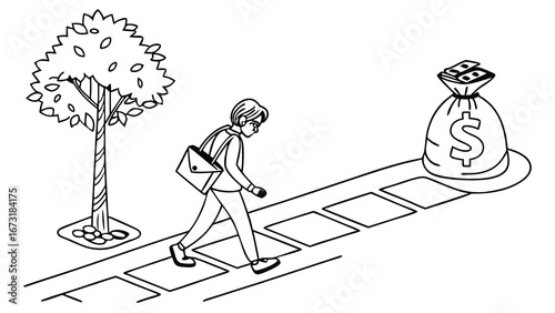 Person walking towards a money bag on a stepping stone path, symbolizing financial success, career growth, and wealth accumulation. Black & white l...