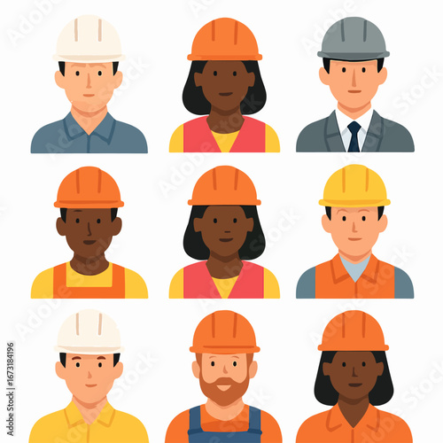 Construction workers group illustration with safety helmets and vests