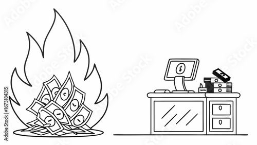 Financial Waste in Business: Burning Money and Office Desk Line Art Illustration