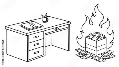 Office Desk and Burning Money Illustration: Financial Loss, Business Costs, Economic Crisis Concept