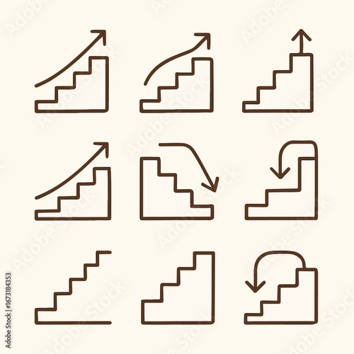 Set of stair and arrow icons representing growth decline and transition