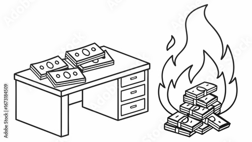 Burning Cash and Money on Desk: Financial Loss, Wasteful Spending, and Business Cost Concept