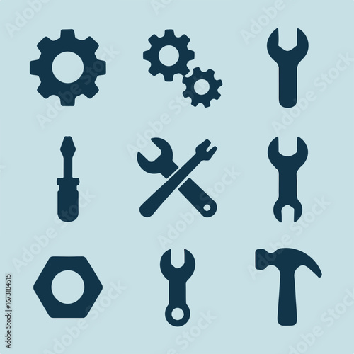 Mechanical tools and gears icons for repair and maintenance