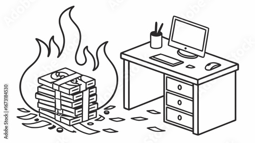 Burning money at office desk: Financial loss, wasted resources, business expenses concept illustration