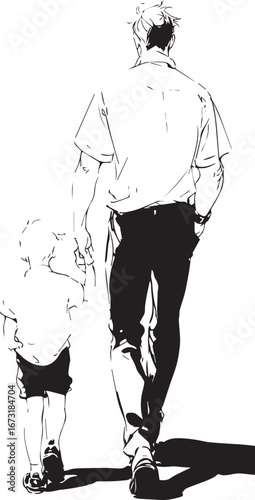 Father-Child Bond: A tender moment captured in monochrome, a father and child strolling hand in hand, their silhouettes suggesting a journey of love and guidance. 